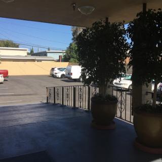 A tranquil view from a covered entrance, featuring potted plants and a glimpse of vehicles in the parking lot.