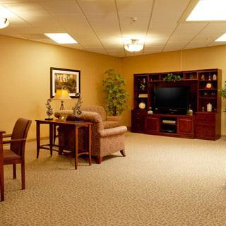 A cozy living room with a comfortable sofa, television, and indoor plants.