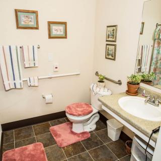 A cozy bathroom with pink accents and wall decor.