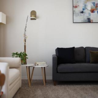 A minimalist living room with a dark sofa, white armchair, and small coffee table adorned with an indoor plant.