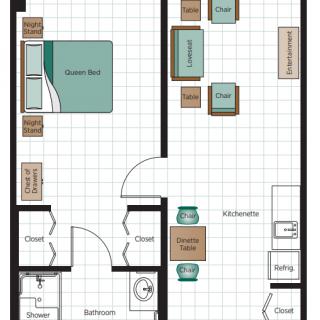 A floor plan of a one-bedroom apartment featuring a bedroom, living room, kitchen, and bathroom.