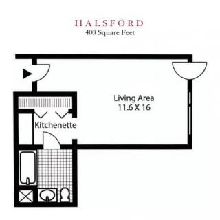 A floor plan of a studio apartment, featuring a living area and kitchenette.
