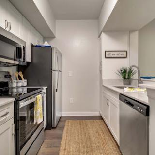 A sleek modern kitchen featuring stainless steel appliances and minimalist white cabinetry.