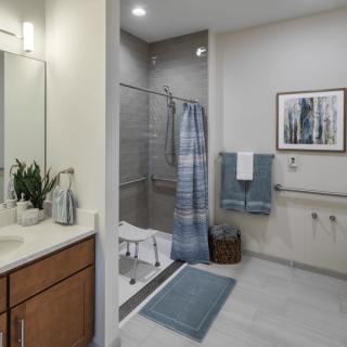 A modern bathroom with a shower area, sink, and tasteful decor.