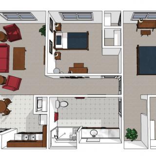A 3D rendered floor plan of a residential apartment showing the layout of rooms and furniture.