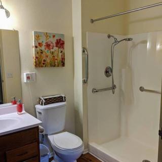 A well-lit bathroom featuring a shower area with grab bars, a toilet, and a sink with a mirror above.