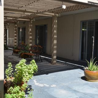 A serene patio area featuring shaded seating and decorative plants.