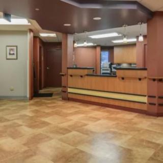A modern office reception area with a wooden desk and flooring.