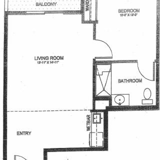 A floor plan showing a one-bedroom apartment with a living room, bathroom, and balcony.