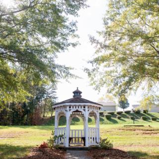 A charming gazebo surrounded by lush greenery in a serene park setting.