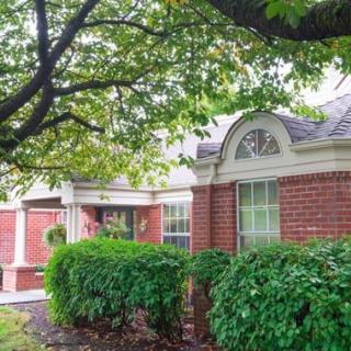 A brick house with large windows, surrounded by lush greenery and a prominent tree.