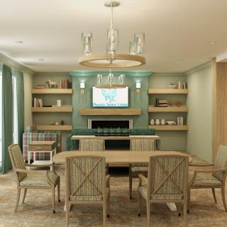A modern living and dining room with elegant furnishings, featuring a central fireplace and built-in bookshelves.