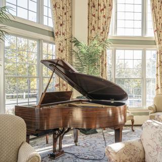 A grand piano in a sunlit living room with large windows and elegant furnishings.