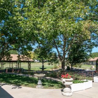 A serene garden area with a gazebo and trees on a sunny day.