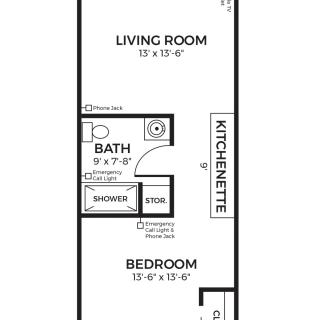 A floor plan showing a living room, bedroom, bathroom, and kitchenette.