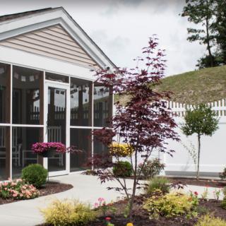 A well-maintained garden with a small tree and colorful flowers next to a house with a screened patio.