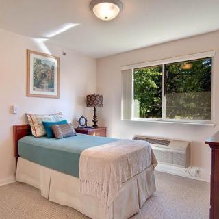 A cozy bedroom with a single bed, decorative pillows, and a large window allowing natural light to fill the room.