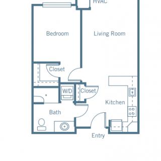 A floor plan of a one-bedroom apartment featuring a kitchen, living room, bathroom, and closet.