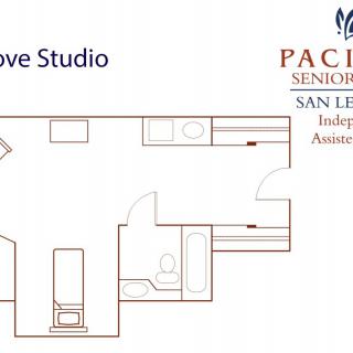 Floor plan of a studio apartment at Pacifica Senior Living.