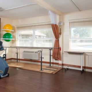 A therapy room equipped with parallel bars and fitness balls for rehabilitation exercises.