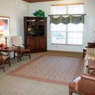 A cozy living room with a large carpet, armchairs, a wooden cabinet, and natural light coming through the window.