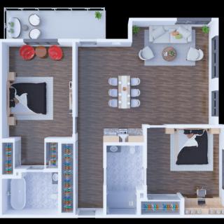 A detailed floor plan of a modern apartment featuring two bedrooms, a living area, dining space, and a kitchen.