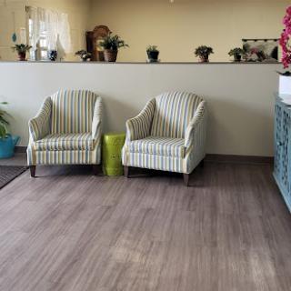 A cozy waiting area featuring comfortable striped chairs and decorative plants.