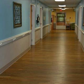 A long hallway with wooden flooring and several doors on each side.