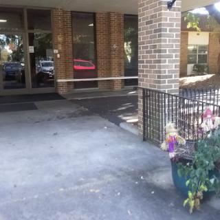 A view of the entrance to a building with a flower pot nearby.