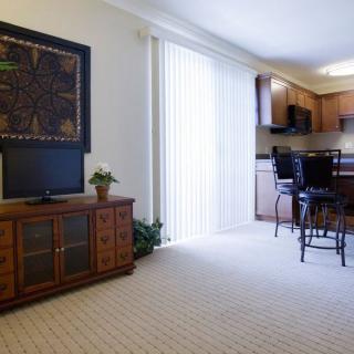 A cozy living room with a TV stand, leading into an open kitchen with bar stools and natural light from large window blinds.