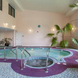 An indoor pool area with a hot tub and tropical plants.