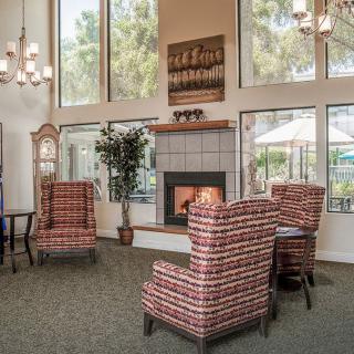 A cozy living room with armchairs and a fireplace, adorned with large windows and chandeliers.