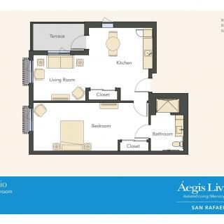 A floor plan of a one-bedroom apartment showing the layout of the living room, kitchen, bathroom, and closet.