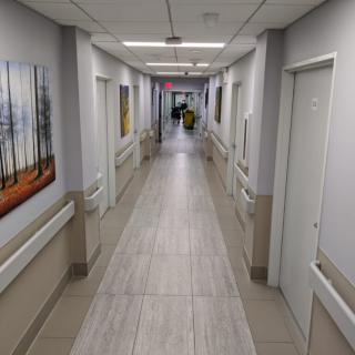 An empty, clean hospital hallway with doors on either side and artwork on the walls.