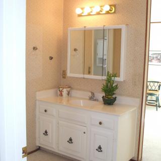 A bathroom vanity with a mirror, sink, and light fixture.