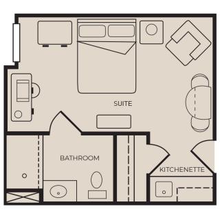 Floor plan of a studio apartment with a kitchenette and bathroom.