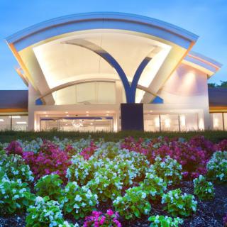 Modern architectural building entrance with vibrant flower landscaping.