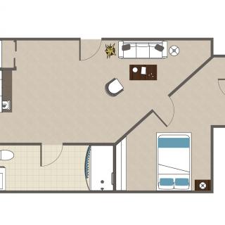 Floor plan of a one-bedroom apartment with living room, kitchen, bathroom, and bedroom.