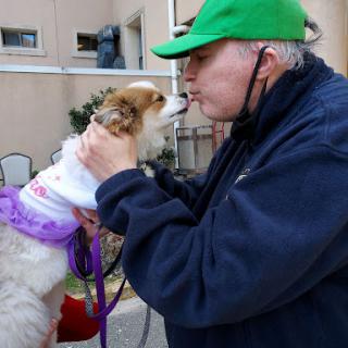 A person sharing a loving moment with a dog.