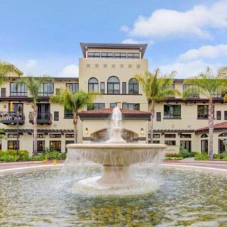 A scenic view of a building with a central fountain and surrounding palm trees.