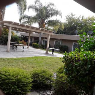 A serene outdoor space featuring a well-maintained garden, patio area, and palm trees.
