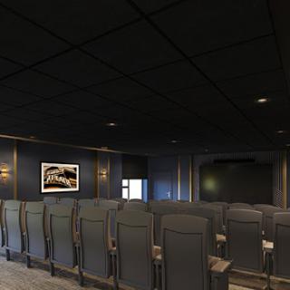 A modern cinema room with sleek black seating and ambient lighting.