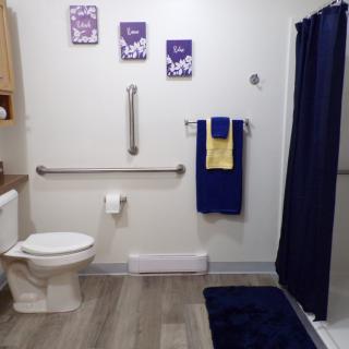 A well-organized bathroom featuring a toilet, grab bar, and navy blue accents including a shower curtain and towels.