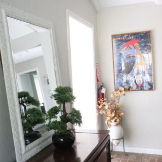 A well-decorated corner of a room featuring a large mirror, potted plant, and framed artwork on the wall.