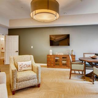 A modern living room with comfortable furniture and elegant decor.