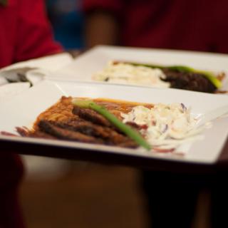 A gourmet dish is served at a restaurant.