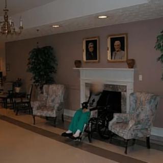 A comfortable waiting area with chairs and a fireplace, adorned with portraits and plants.