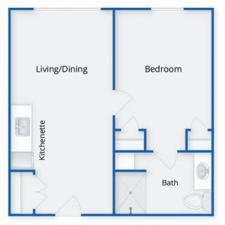 One-bedroom apartment floor plan with living/dining area, kitchenette, and bathroom.