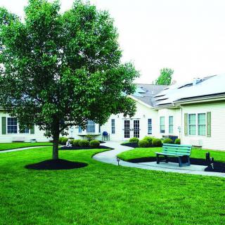 A serene garden area with a lush green lawn, a tree, and a bench alongside a curved pathway leading to surrounding buildings.