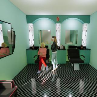 A modern barbershop interior with two people, featuring stylish decor and mirrors.